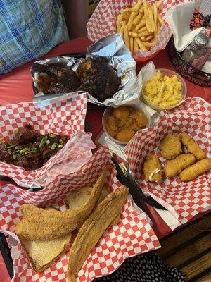 Fried Fish Platter, Smoked BBQ Chicken Half Chicken, Sweet Potato (Yams), Phat Mac & Cheese, Rib Tips