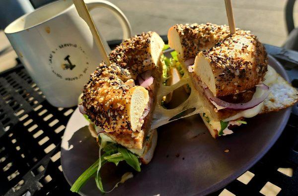 Make your own on an everything bagel with sausage, arugula, gouda, and smokey cream cheese.