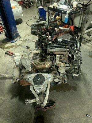 We had to remove engine. To remove engine, manufacture said we have to remove everything as one unit then separate engine.