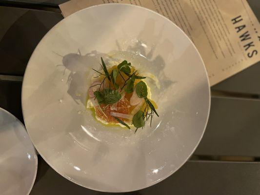 Dine Downtown Appetizer 2021: Twin Peaks Citrus Salad, Pickled Shallot, Shaved Fennel, Burrata Alla Panna