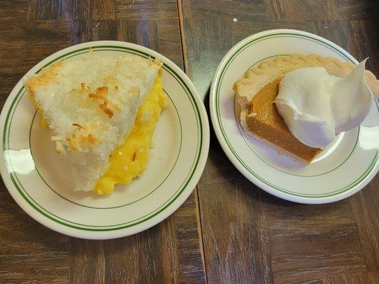 Homemade coconut creme pie and delicious pumpkin pie.