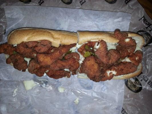 Large chicken finger sub with mayo, cheese and pickles. Not too many places bread their own chicken fingers.  They do.