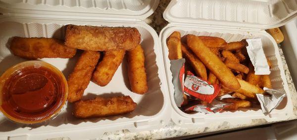 Mozzarella sticks (plus a pizza log), French fries