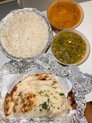 Palak Paneer, Chicken Tikka Masala, Garlic Naan