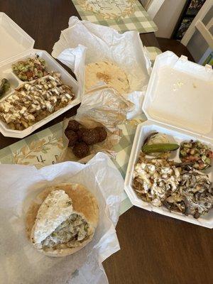 Falafel, chicken shawarma platter and chicken pita chicken sandwich and chicken beef shawarma platter.