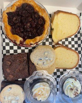 Cherry Pie, lemon pound cake, chocolate chip cookies, brownies, salted caramel cupcake, hummingbird cupcake