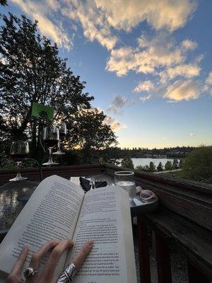 Seated outside in the evening