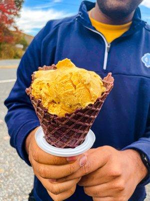 Pumpkin Pie Ice Cream with chocolate cone