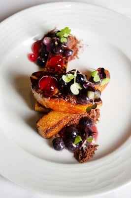 Foie gras served with cornbread and house pickled blueberries