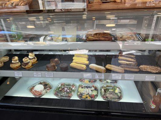 Pastries, eclairs and salads