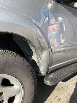 Damages to fender and door.