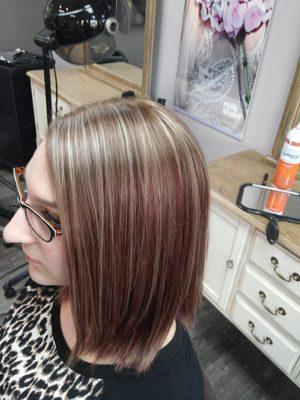 after corrective color soft beige hi lights and long textured bob