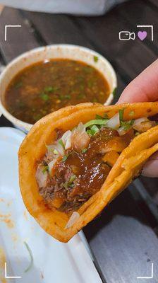 beauty. Birria taco and consommé