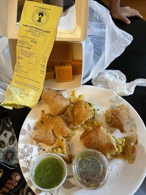 Samosa and besan burfi.