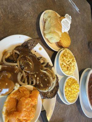 Liver n onions, corn, rolls and cornbread, yams