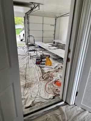 My garage prepped for painting the cabinets