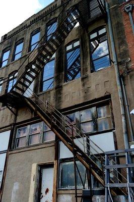 Fire escape facing the alley and fire depa