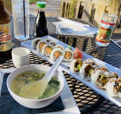 Miso soup, spicy tuna roll, Eel Avocado roll. Yum!!