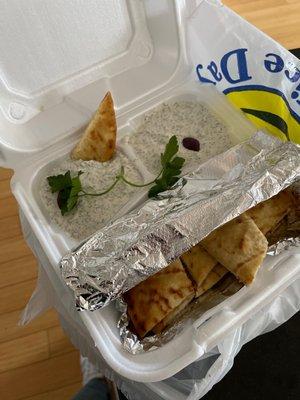 Perfectly packaged Tzatziki and pita to-go!