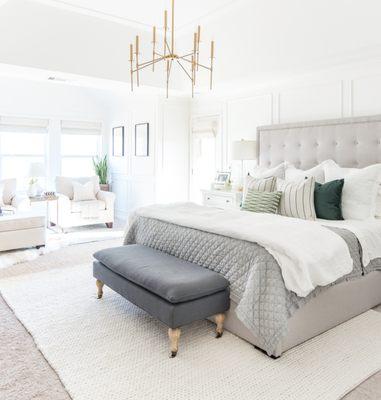 Beautiful calming main bedroom in grays and whites. My favorite colors