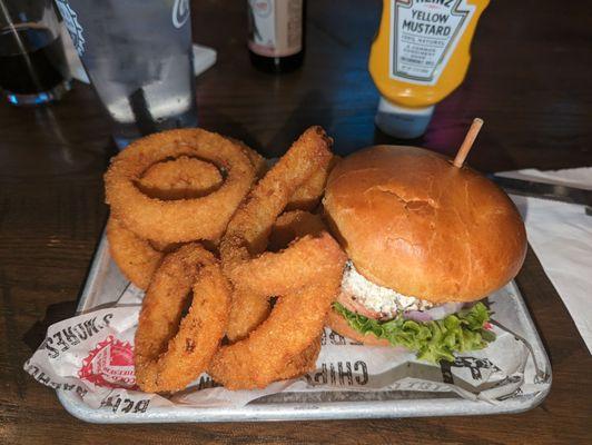 Buffalo chicken sandwich with onion rings