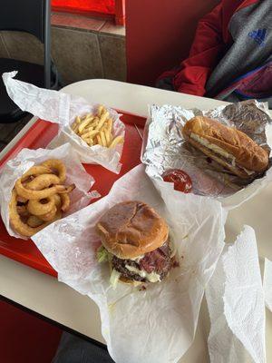 Christakis burger (has pastrami), Philly steak was seasoned well and prepared fresh, onion rings and fries.