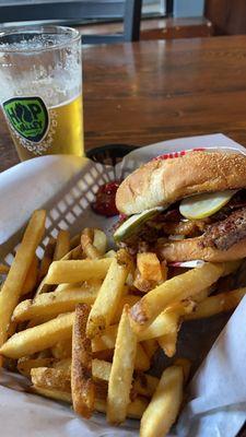 Peanut Butter Pickle Bacon $15 HH beer/burger/fries deal