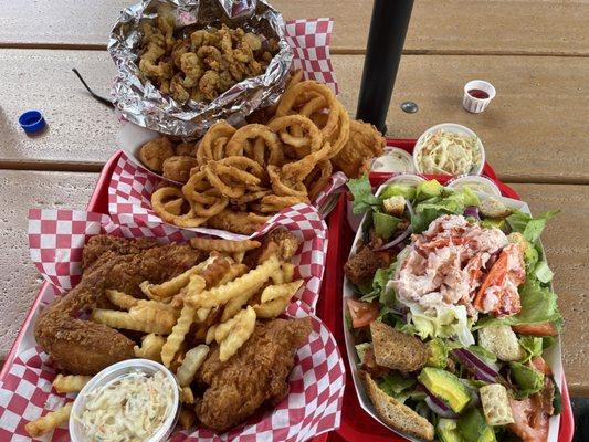 Fisherman's platter, lobster salad, fried chicken basket