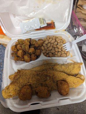 Fried white fish, okra, white beans, hush puppies