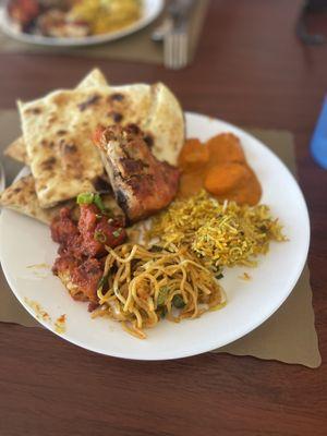 Nana bread, butter chicken, tandoori chicken, spiced cauliflower, chicken biryanis, hakka noodles