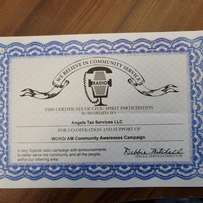 Angels Tax Services LLC 
will be featured for the Community Awareness Campaign.Radio station: 
WCKG/ AM 1530 January 29, 2021 3:00pm- 4:00pm