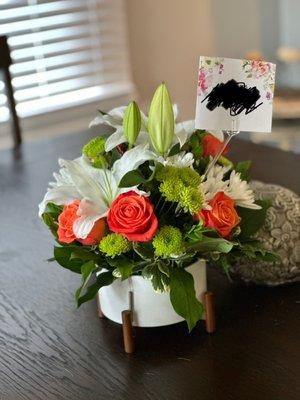 A beautiful flower arrangement that I had delivered to my friend.