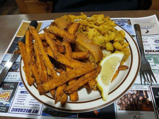 Fried clam roll and sweet potato fries.