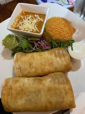 Chimichanga meal with rice and beans