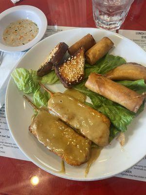 Special platter: chicken satay, egg rolls, spring rolls, shrimp toast, crab delight with sweet sauce on the side!