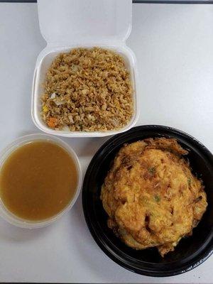 Egg foo young, you can choose pork, chicken, beef, shrimp, or combo.