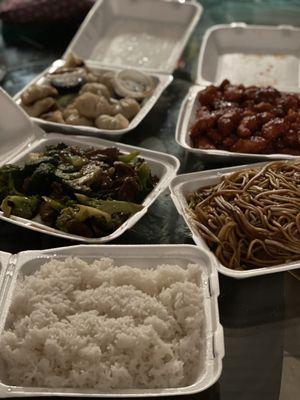 Rice, noodles, dumplings, lumpia, beef and broccoli, and sesame chicken!