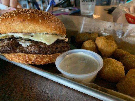 Mushroom Mushroom and Swiss Burger w/ my favorite tots!