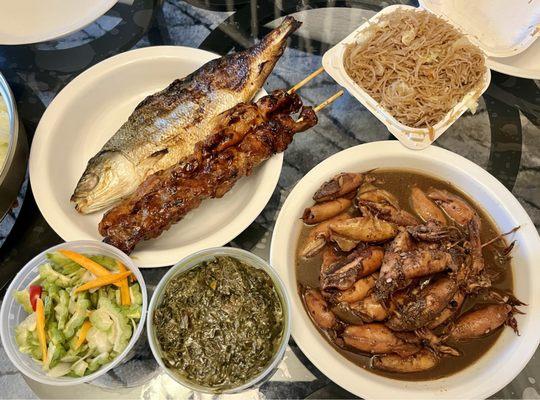 Bangus, Chicken/Pork BBQ, Pancit Bihon, Ampalaya, Laing, Baby Squid