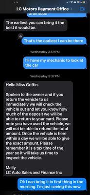 Text messages between the Lying Crooks Motors