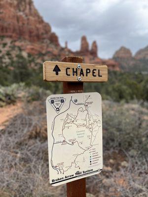 Sign that leads to the chapel at the top of the hill, about a two mile hike