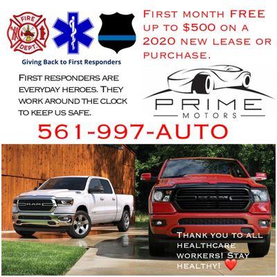 First responders and healthcare professionals receive $500 off their first month payment of a new lease or purchase on a 2020 car or truck.