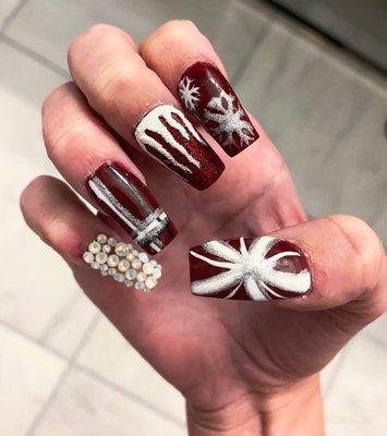 Burgundy winter/Christmas themed nails