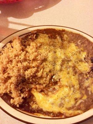 Cheese enchilada, rice and beans.