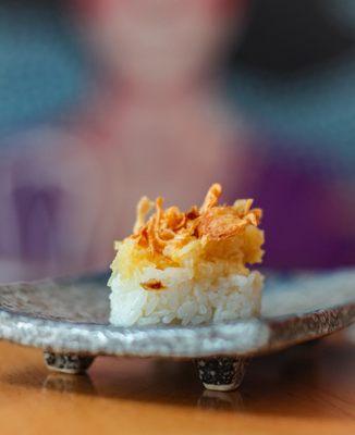 Spaghetti Squash Nigiri
topped with fried onions