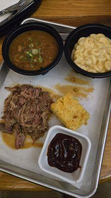 Pulled Pork BBQ with Beans, Mac & Cheese, and Cornbread