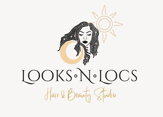 Looks n Locs logo. Woman with long flowing locs and wording.