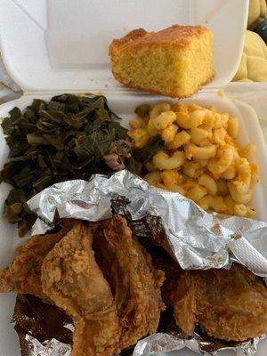 Fried Chicken, cornbread, Mac & cheese and Collard Greens