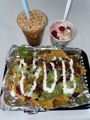 Nachos, Thai bubble zeta, and frozen yogurt