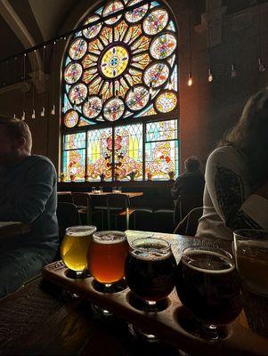 Stained glass window and beer flight